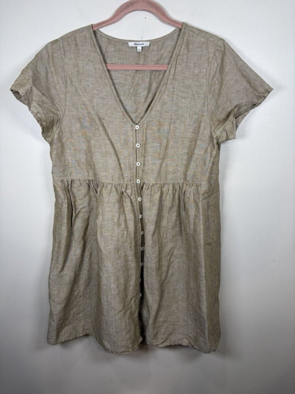 Madewell Linen Blend Alexandra Button-Front Mini Dress Size Large Olive Branch - Picture 2 of 10